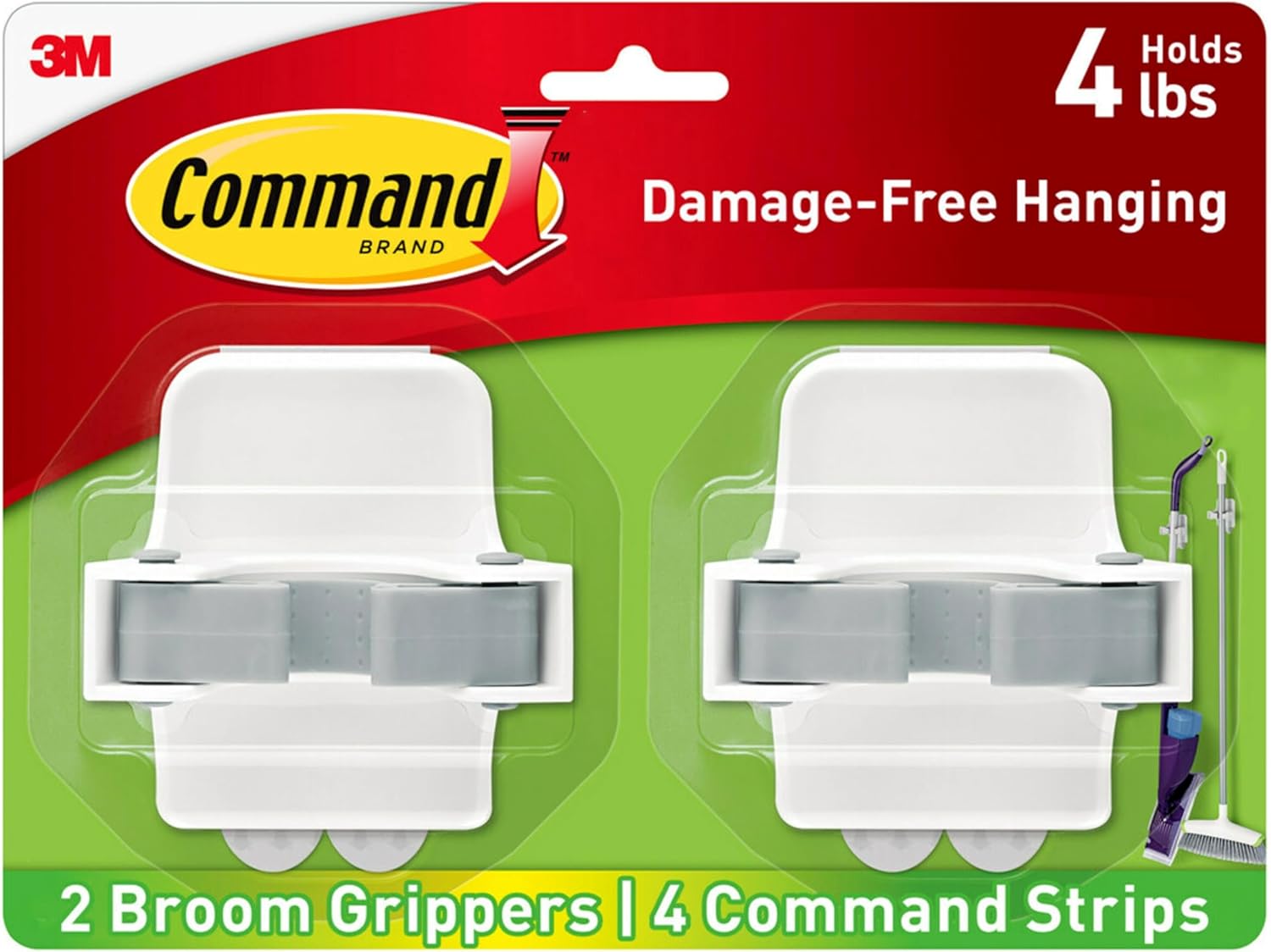 Command Broom Grippers. 2 Hangers and 4 Strips. Damage-Free Mop and Broom Holder Wall Mount. Household Cleaning Tool Organizer for Kitchen. Laundry Room. Closet. Holds up to 4 lb