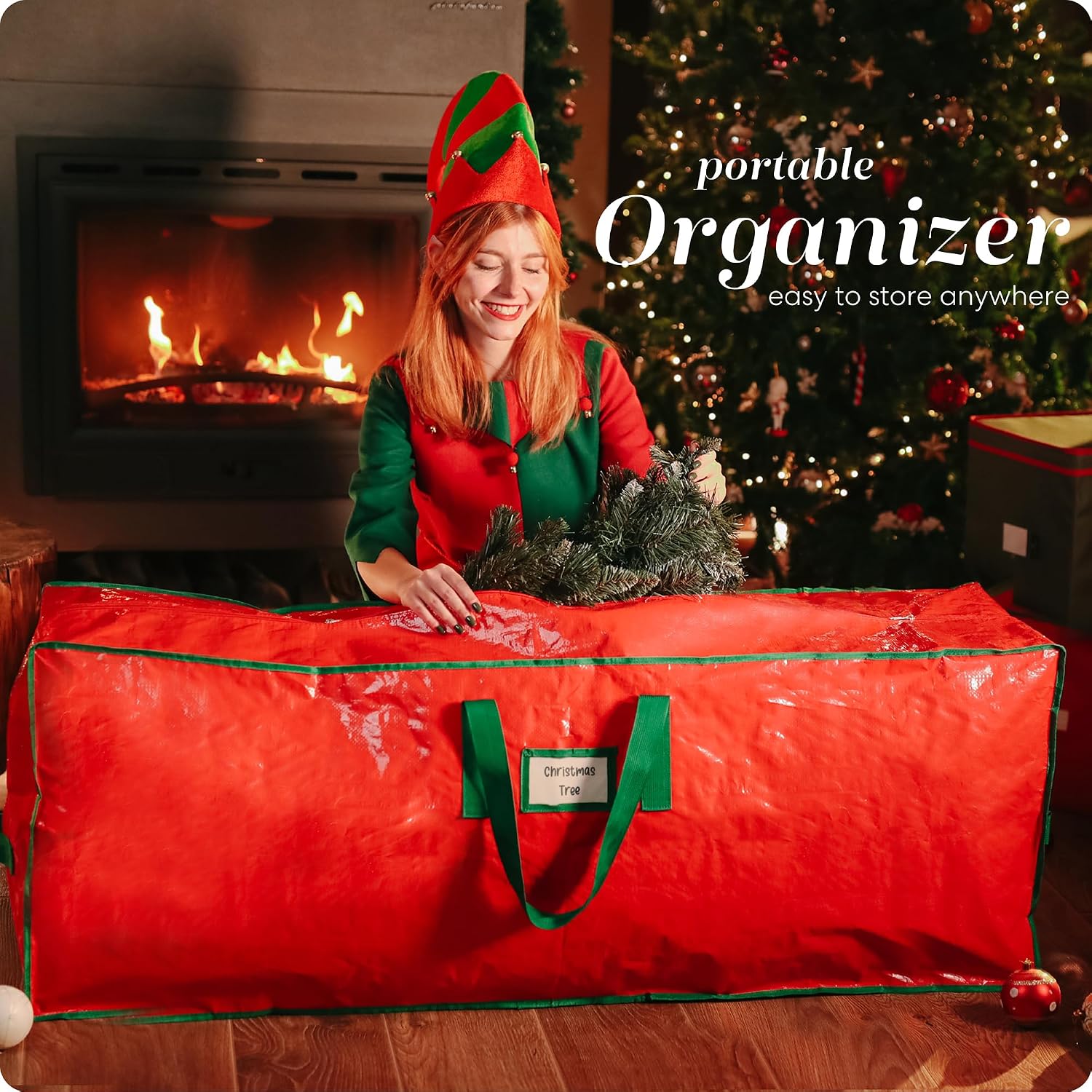 Handy Laundry Christmas Tree Storage Bag for 9 Foot Artificial Tree – Heavy Duty Waterproof Tarp. Reinforced Handles. Double Zipper. Protects from Dust & Moisture. Spacious Holiday Décor Storage. Red - Image 7